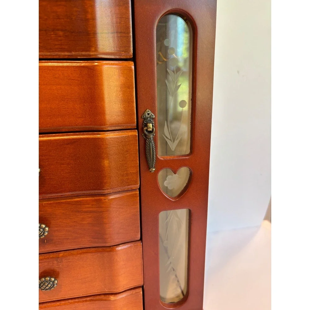 Vintage Wooden Jewelry Box Armoire Storage Chest Organizer Etched Glass Tall